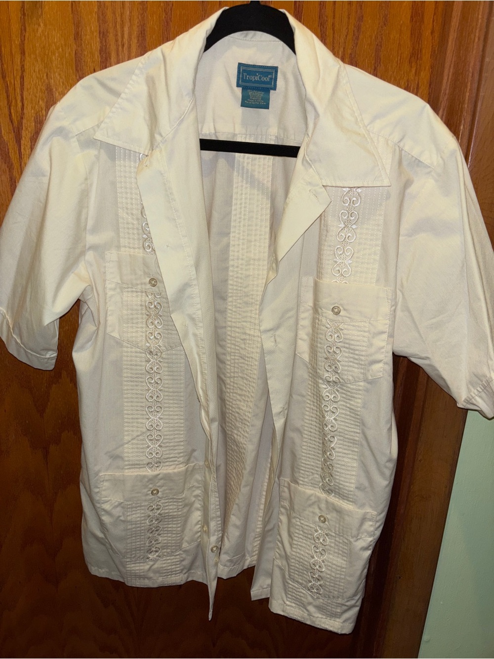 TropicCool Men’s White Embroidered Guayabera-Style Button Down Shirt
